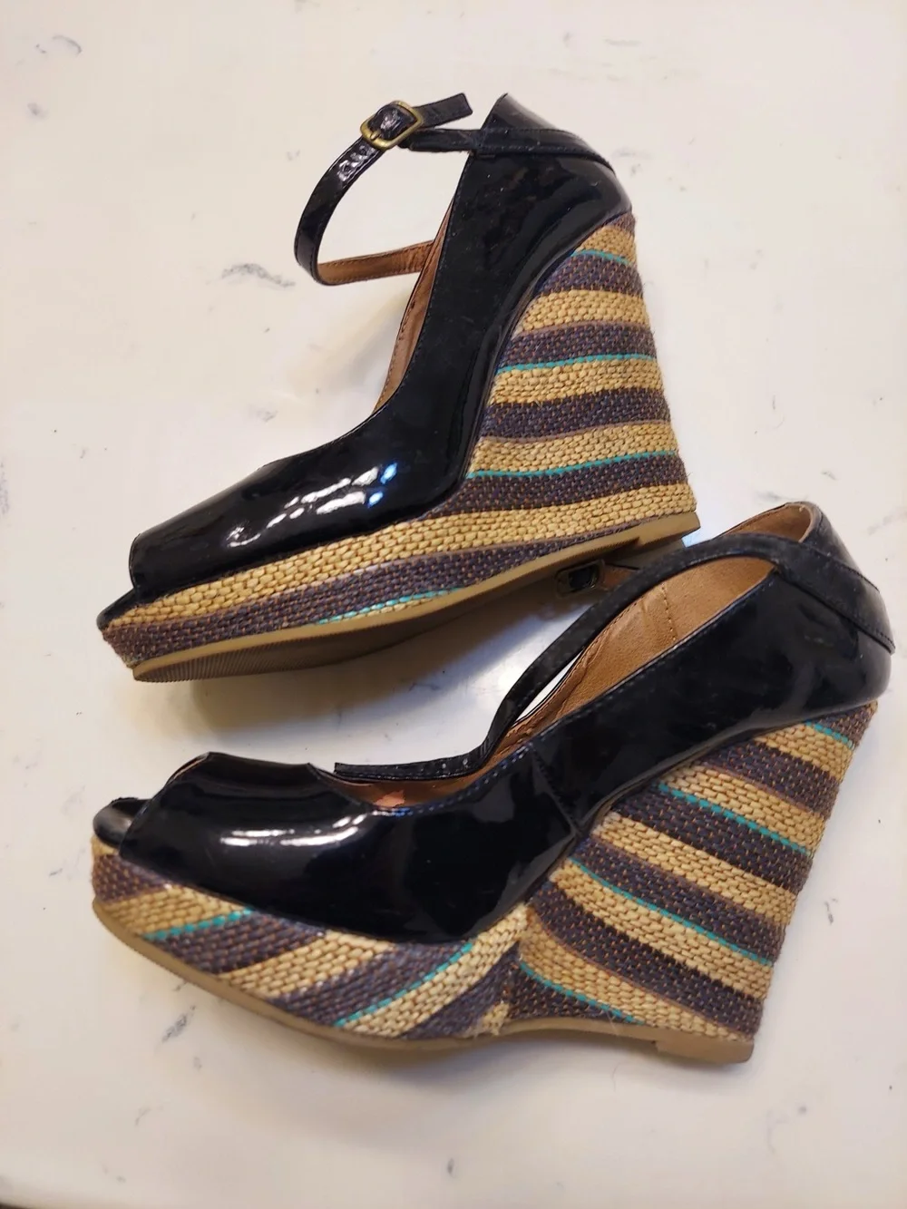 Restricted Black Patent Peep Toe Wedges with Striped Espadrille Heel